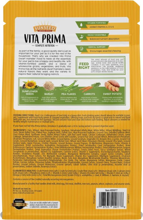 Sunseed Vita Prima Dwarf Hamster Food - Dry Food for Dwarf Hamsterrs - Vitamin-Fortified with Essential Nutrients - Supports Healthy Digestion and Healthy Teeth